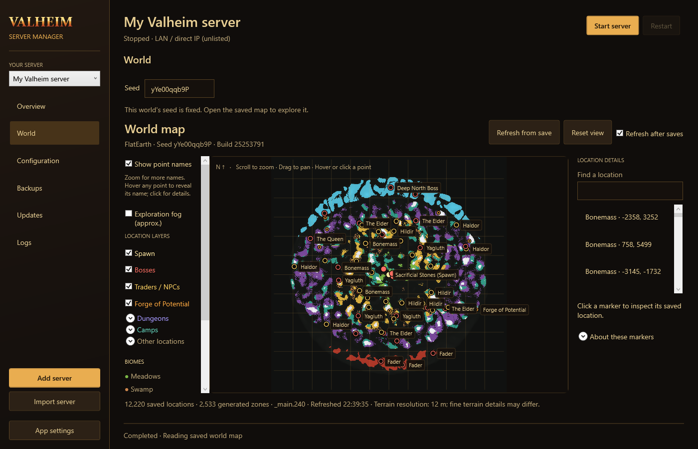 Valheim Server Manager's world map with named bosses, traders, and location filters